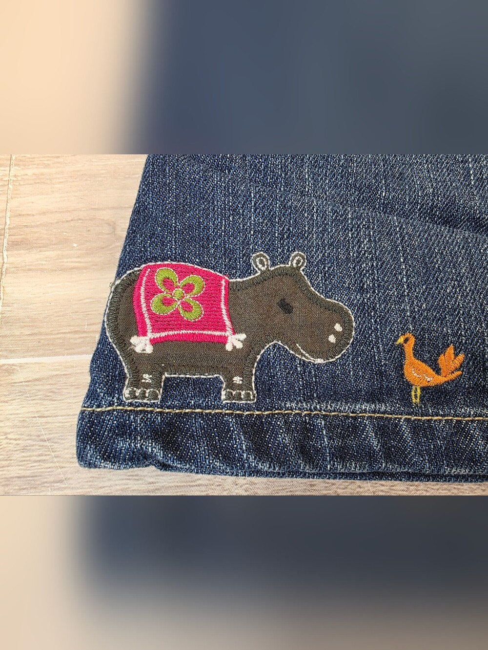Girls 2T Gymboree Dark Blue Denim Skirt with Hippo Embroidery - Picture 2 of 4